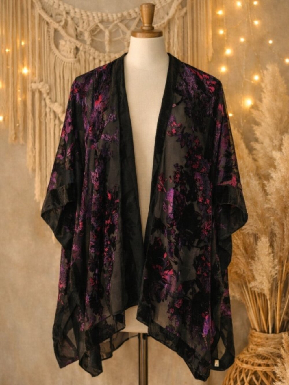 Burnout Velvet Black Sheer Mesh Kimono Cover-Up One Size Boho Floral Layering